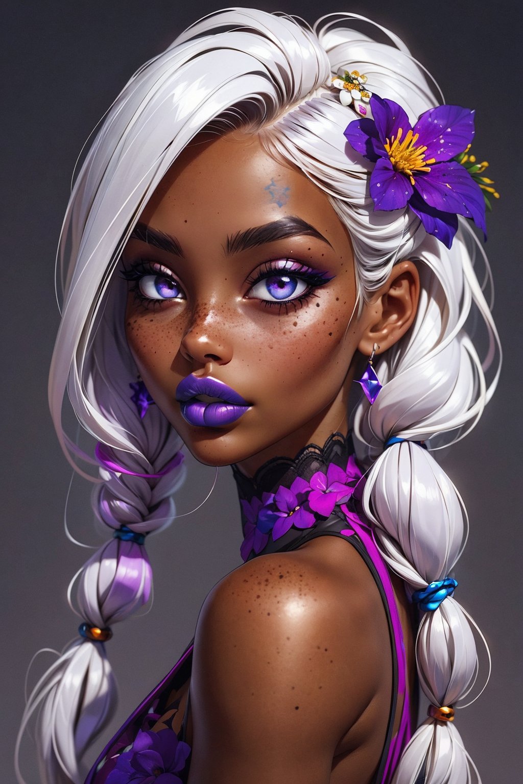 1girl, solo, long hair, looking at viewer, simple background, hair ornament, upper body, braid, flower, white hair, artist name, hair flower, dark skin, grey background, twin braids, dark-skinned female, makeup, lipstick, freckles, purple lips, blue lips