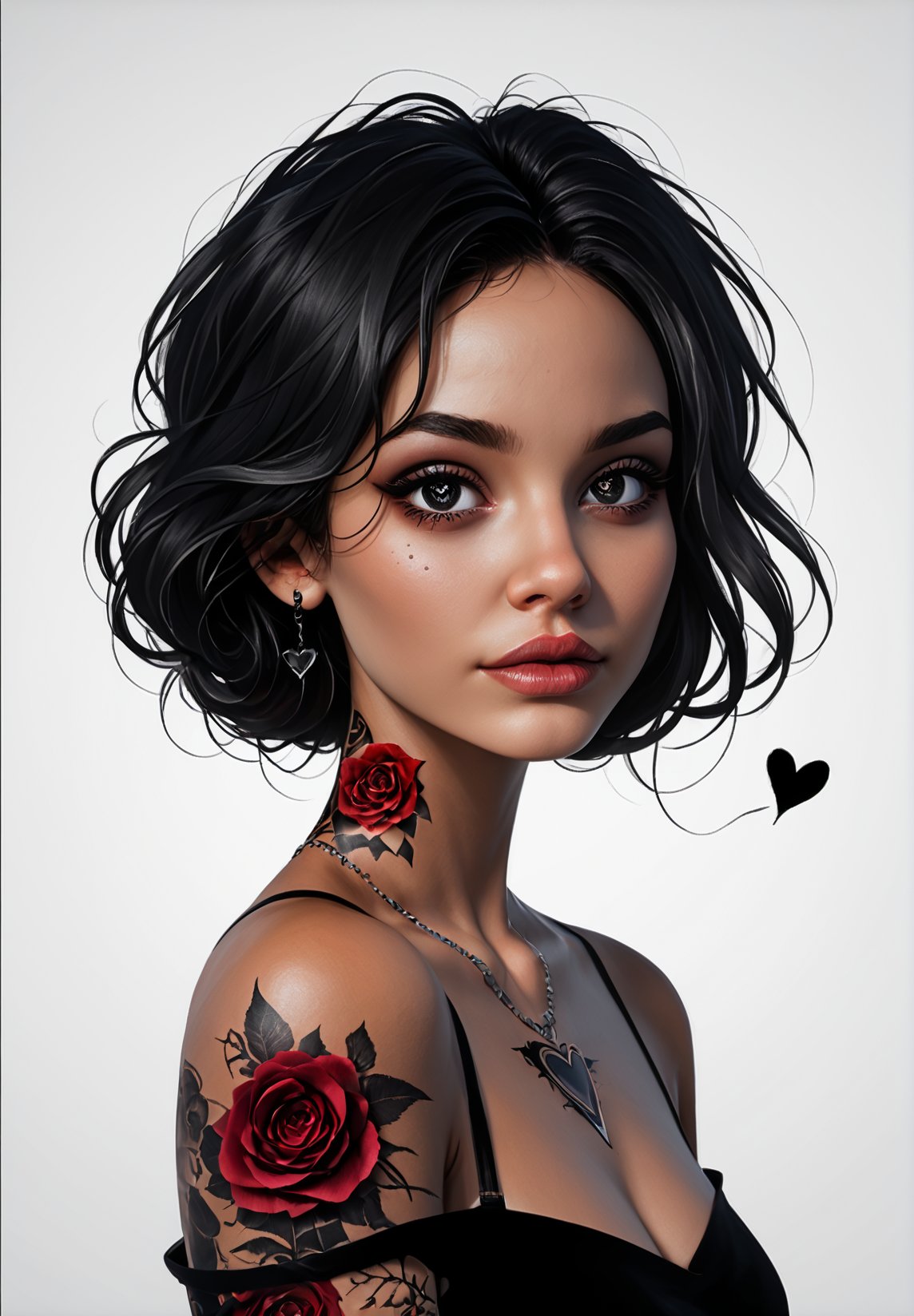 gothic, 1girl, roses, tattoo, surrounded by many black heart clouds, romantic, dark sky (best quality), (masterpiece), (best lighting), (high detailed skin:1.0),( detailed eyes), 8k uhd, dslr, soft lighting, best quality, film grain, Fujifilm XT3,