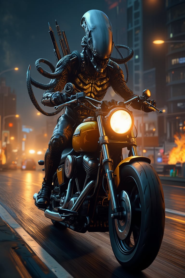 xenomorph riding a Harley Davidson motorcycle holding an rpg, xeno choppa gang, luminous shadows, prismatic highlights