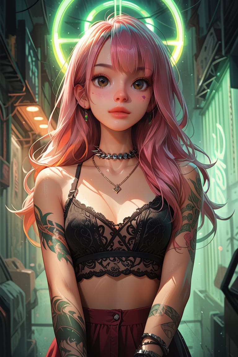 score_9, score_8_up, score_7_up, score_6_up, NEOST, 1girl, long hair, pink hair, bangs, dark eyes, facial tattoo, lace top, multiple necklaces, spiked choker, multiple tattoos on arms, standing, looking at the viewer, indoor, blurry background, green and orange neon lights, detailed