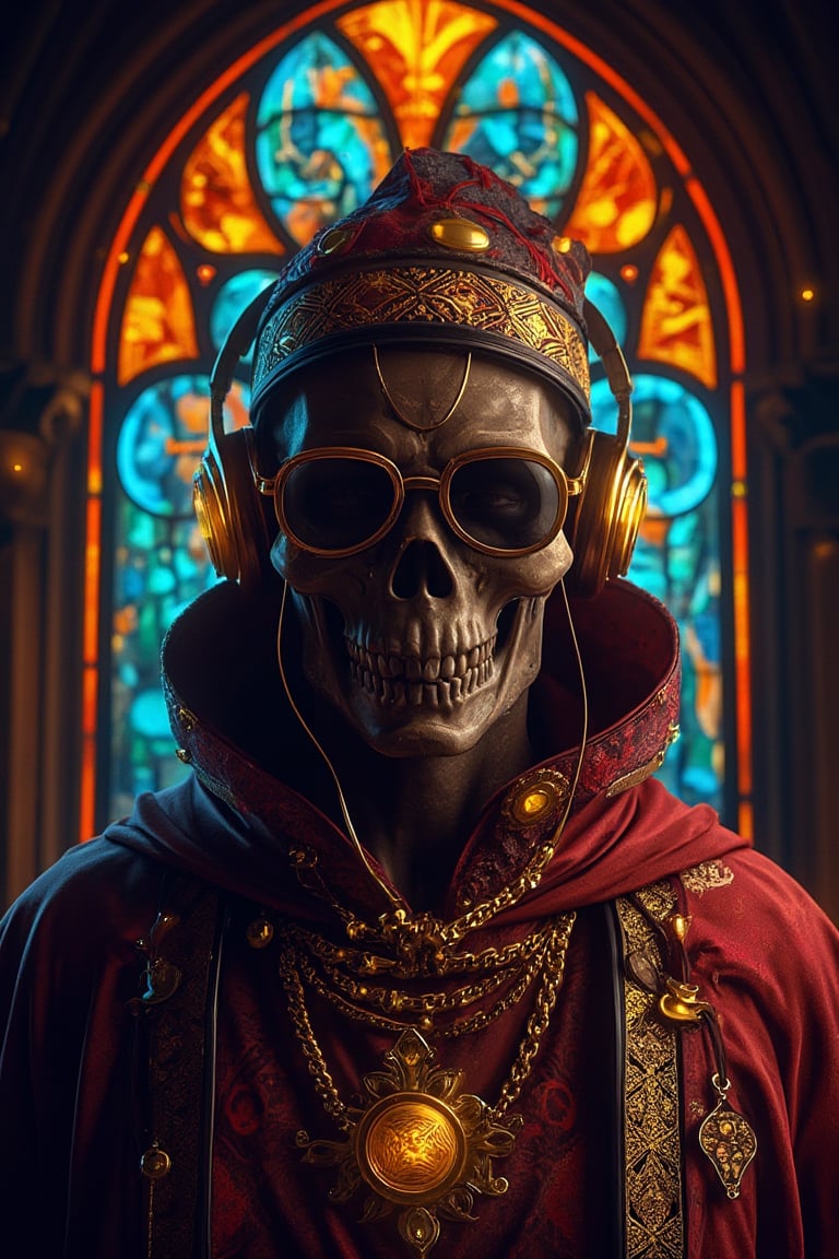 dark dreyfus skeleton yolo, wearing robes and headphones and sunglasses, wearing golden jewelry, intricate detail, medieval mosaic stained glass art, luminous shadows, prismatic highlights