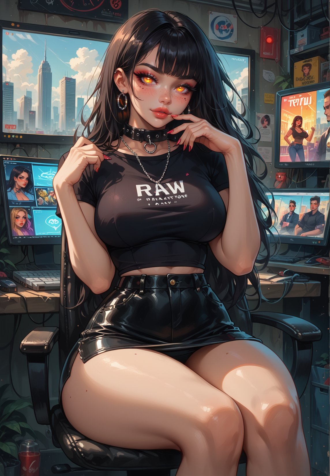 score_9, score_8_up, score_8_up, 1girl, sexy 20yo girl, thick thighs, raw photoshoot, blushing, collar, godrays, volumetric lighting, city skyline in the background, chair, g0thicPXL, GTA, dark hair, freckles, bangs, eyeliner, long eyelashes, looking at viewer, glowing eyes