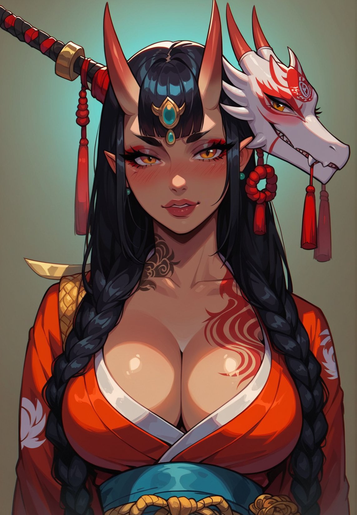 score_9, score_8_up, score_7_up, 1 girl, (cute 20 year old girl), fit body, dragon tattoos, oni horns, (short kimono, oni mask sideways on head, samurai sword), long eyelashes, long hair, large breasts, cleavage, blushing, beauty, (dragon in background)