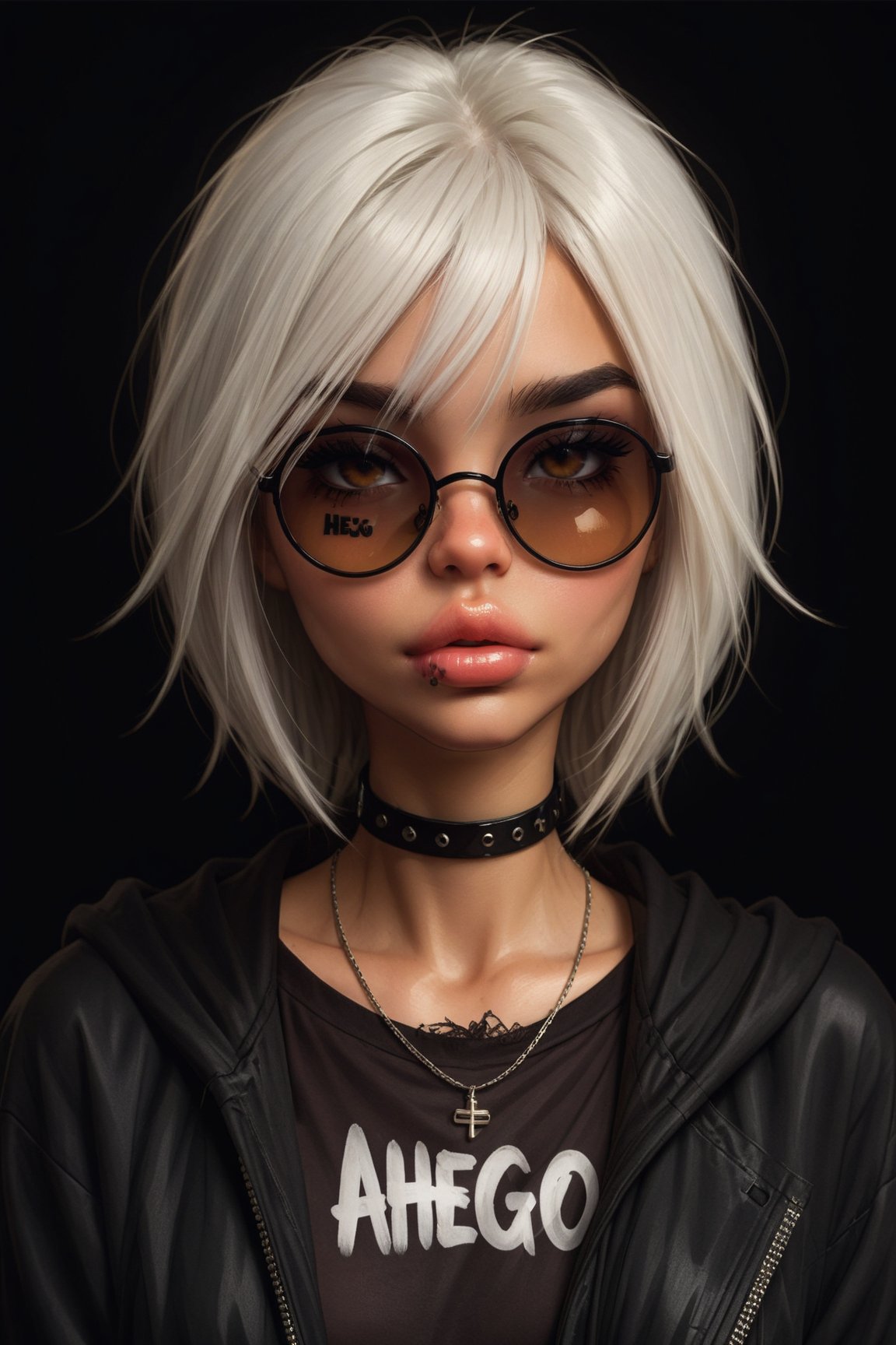 an aesthetic emo girl, white hair, sunglasses, ahego expression,