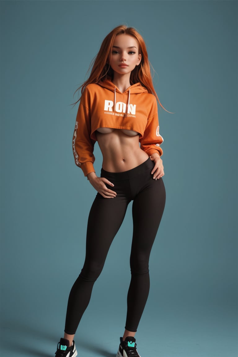 score_9, score_8_up, score_8,, (masterpiece, best quality), 1girl, solo, score_7_up,  25 years, narrow waist, large hip, pop hip, black hair, long ginger hair, curvy hip, concept art, 2.5D, hoodie, croptop, underboob, navel, leggings