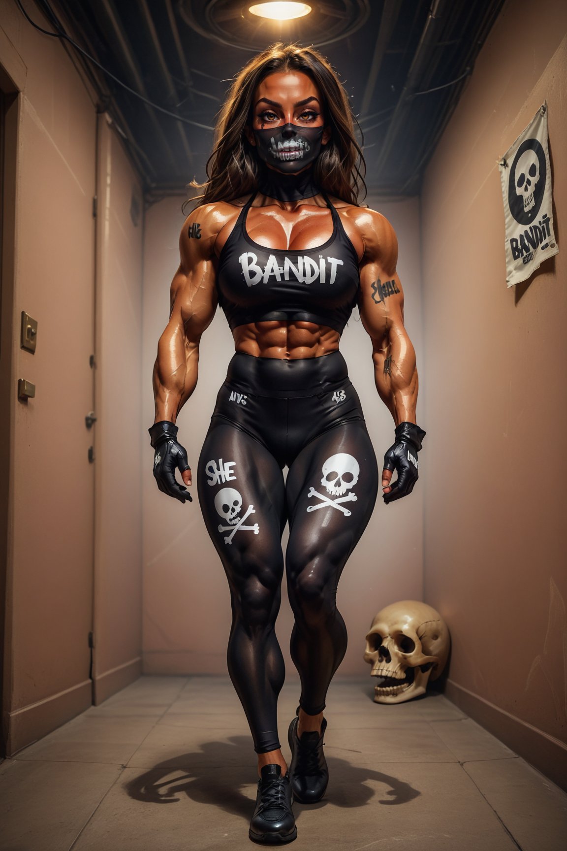 female bodybuilder, bandit queen. She in 45 years old, tall, has a big, curvy body, strong fitness, athletic body, and has big round eyes. She wears a bandit leggings clothes, black shoes and gloves, and a ghost skull bandana skeleton full face Mask. She stole a Modern apartment at night and in dark lights
 