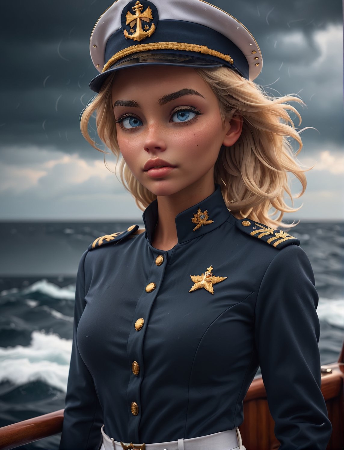 best quality, masterpiece, photorealistic, ultrarealistic, professional photograph shot on Canon EOS R6, 80mm, 1girl, (moody lighting:0.8),  (beautiful 24 yo swedish girl:1.05), admiral, standing on a ship deck, sailing the seas, solo, detailed eyes, sad face, beautiful, looking at viewer, embarrassed, water, confident pose, stormy sea, storm, wind, (dark theme:1.15), large breasts, perfect curves BREAK (short blonde hair, laced hair:1.2) BREAK white parade pants, blue admiral uniform, blue parade uniform, admiral hat   