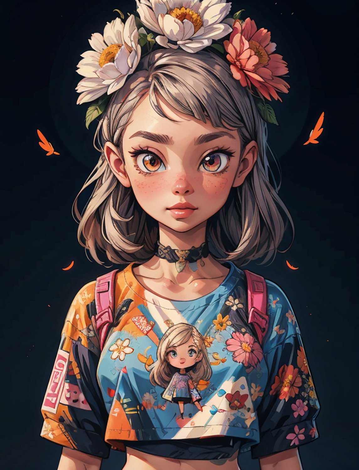masterpiece, best quality, official art, aesthetic, 1girl, explosion, crop tee, knolling, detailed background, isometric, psychedelia art, flower, fractal art,cartoon
