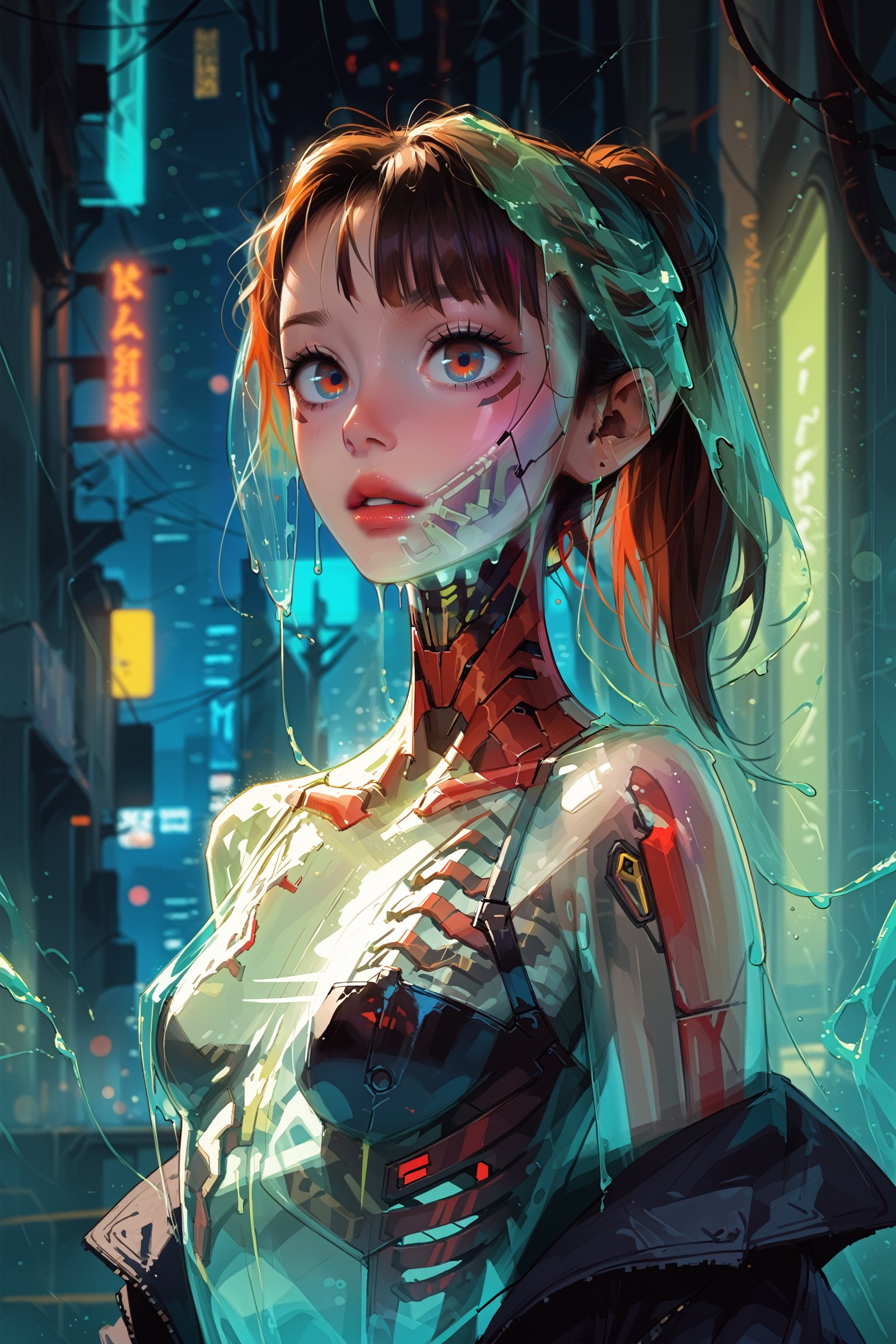 score_9, score_8, score_7, score_6, masterpiece, extremely detailed, source_anime, 1girl, solo, cyberpunk, s33thru, transparent, cyborg, knva, vivid, see-through body, transparent body, skeleton, goo, translucent, neon, city, detailed background, bokeh, creepy, manga, vintage, see-through, facing front, upper body, internal organs,