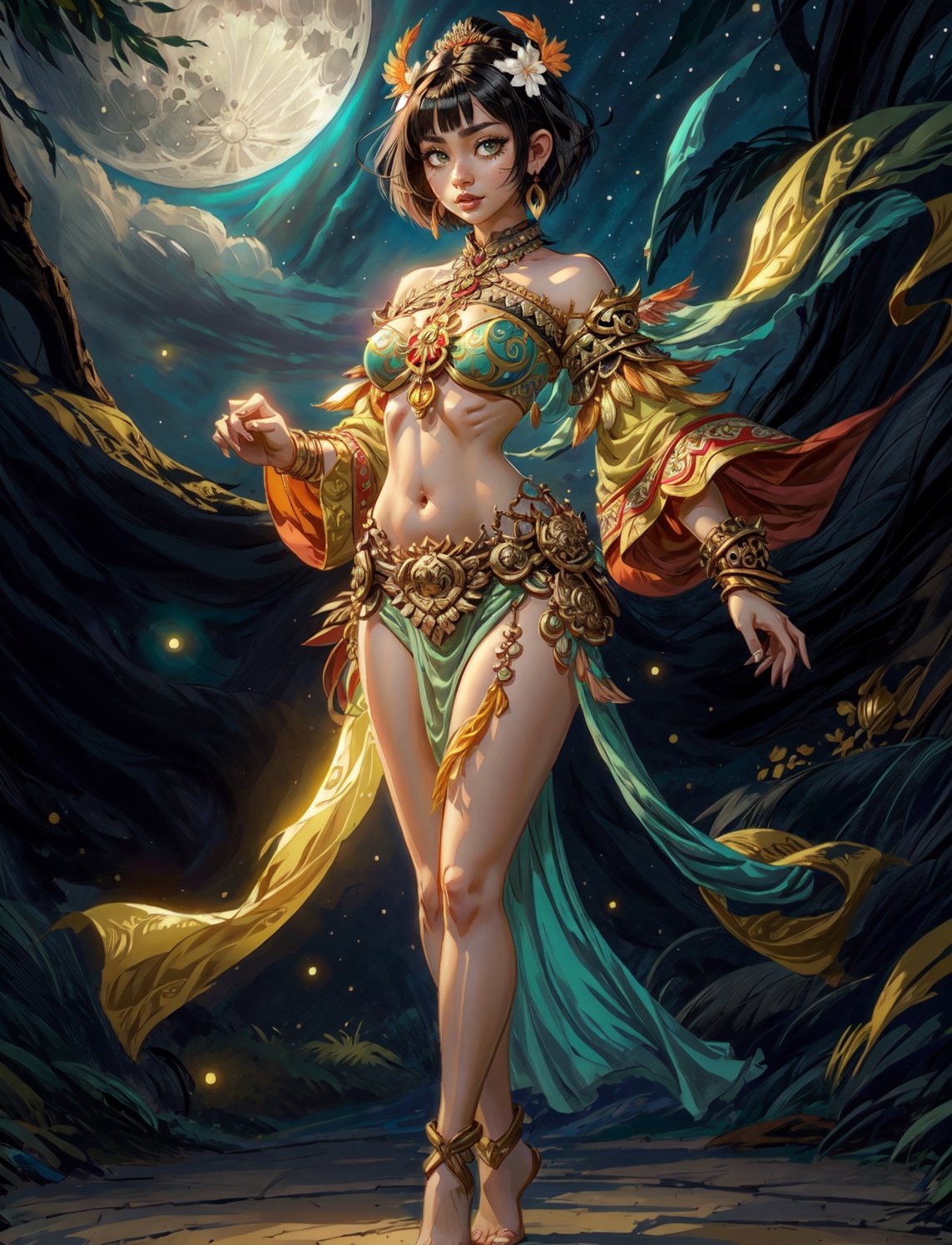 centered, full body, digital art, | 1girl, (small breasts), dark skin tone, solo, wide hips, black hair, bob cut, light green eyes, | moon earrings, (fantasy tribal clothing), (pelvic_curtain), crop top, bare midriff, revealing clothing, | simple background, ,EnvyBeautyMix23,zhongfenghua