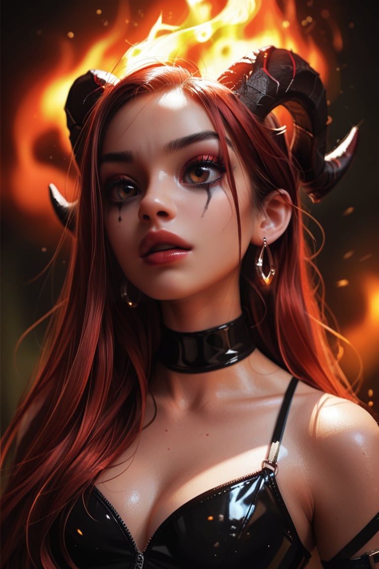 score_9, score_8_up, score_7_up, score_6_up, VitWaterStyle, 1girl, long red hair, horns, dark eyes, black lipstick, glossy makeup, teardrop makeup, black latex outfit, choker, large earrings, fiery background, blurry background, warm lighting, indoor, detailed