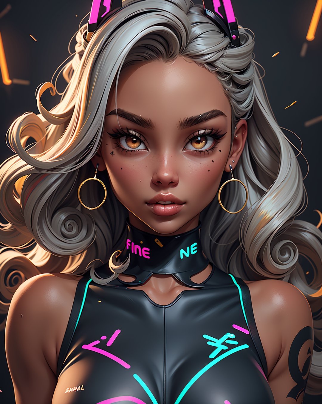 1 girl, symmetrical face, perfect brown eyes, sparks, (female hair made of fine multicolored neon curls:1.5), (long thin hair made of multicolored neon strands flowing down the body), smoky skin, realism, (in a colorful candy world:1.2), ultra high resolution, 8k, HDr, art, high detail, , art,shodanSS_soul3142