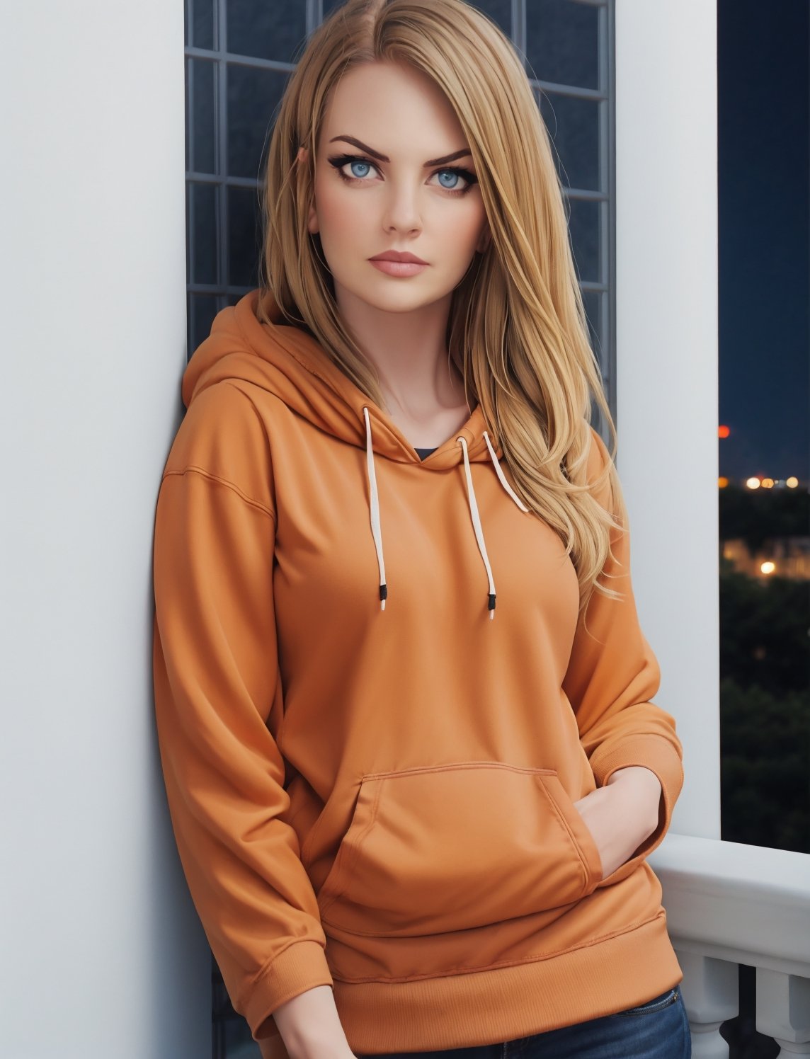 blonde girl, orange, black hoodie, dark short, on a balcony by night, 8K, high quality, photorealistic, realism, hyperrealism, art photography 