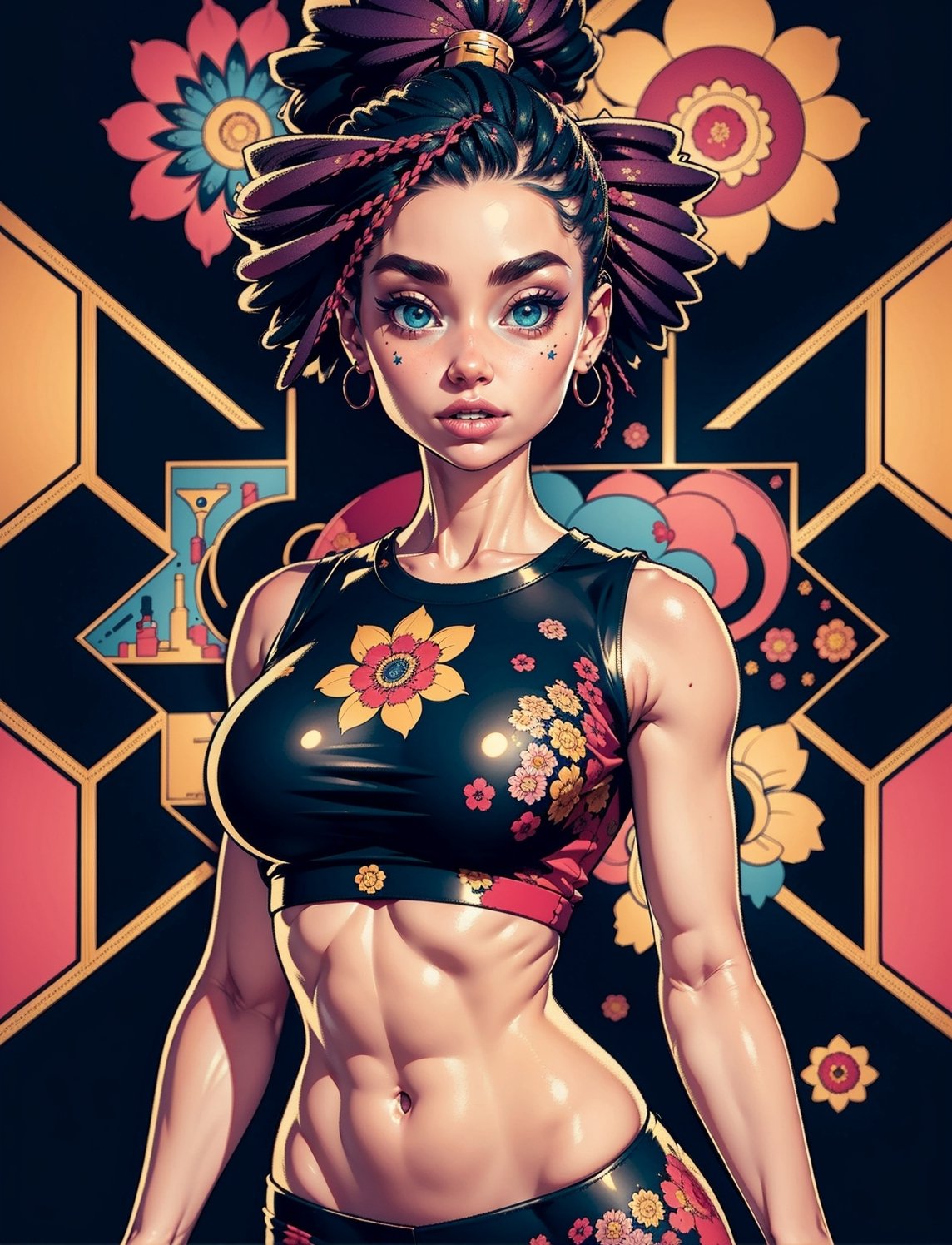 masterpiece, best quality, official art, aesthetic, 1girl, explosion, crop tee, knolling, detailed background, isometric, psychedelia art, flower, fractal art,cartoon,High detailed 