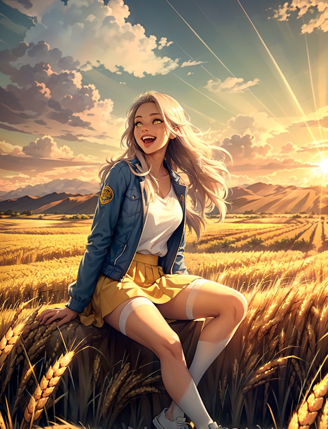 ddstyle  1girl, jacket, white clothes, long hair, happy, yellow skirt, yellow running shoes, white stockings, sitting in the car, looking out,parted lips, gasping,Laugh, laugh, ,gorgeous,multiple_colors,sunlight, galaxy, multiple_colors_eyes, BREAK (Sky), Dusk, (Clouds, Wheat Fields, Rice Fields, Pickups, Cars, SFW, (masterpiece:1,2), best quality, masterpiece, highres, original, extremely detailed wallpaper, perfect lighting,(extremely detailed CG:1.2),EpicArt