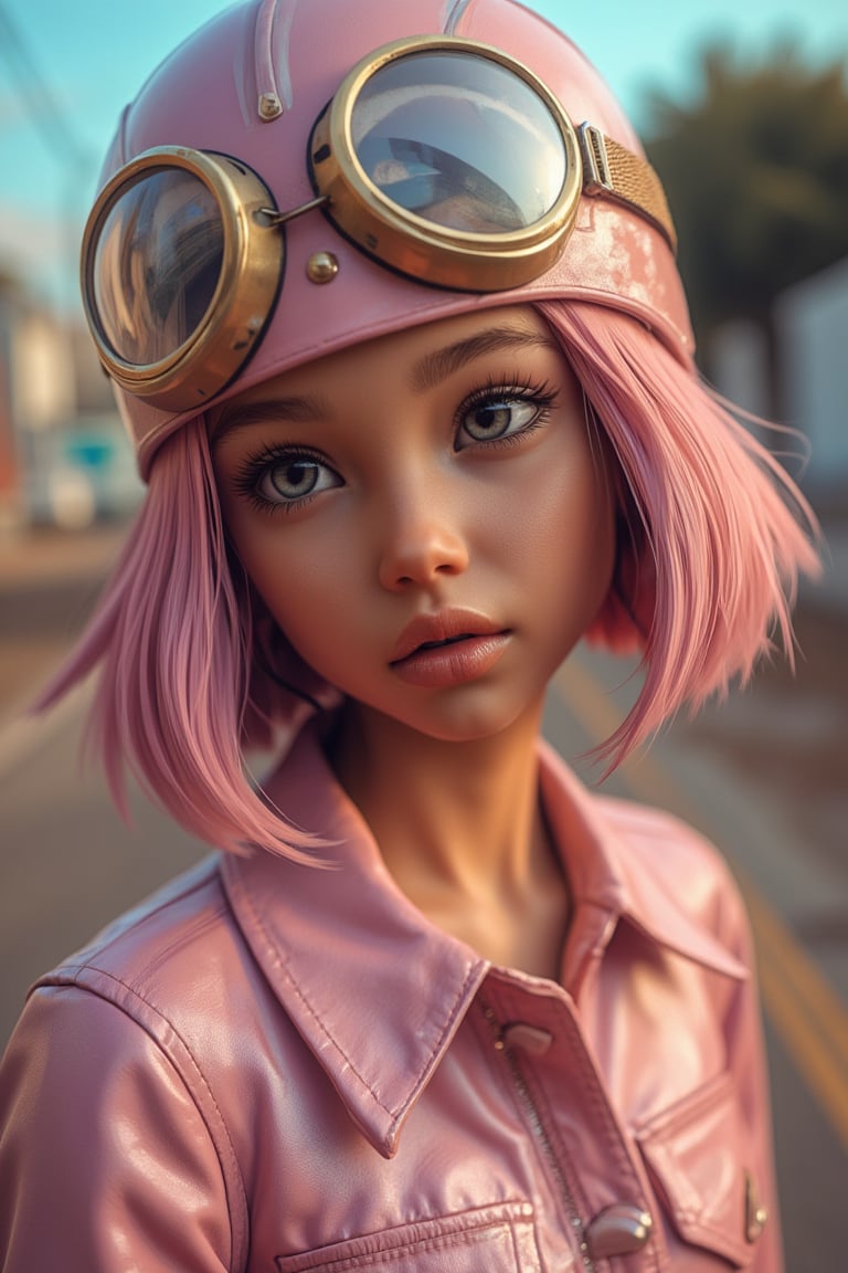 cinematic photo of a young female, wearing a vintage motorcycle helmet with aviator googles and a pastel pink jacket, bob cut hair dyed in soft pink, looking to the side, retro, indie fashion, 70s aesthetic, modern streetwear, pastel tones, natural lighting, slightly overexposed, gentle warm glow, soft blurred background, soft lighting, 50mm lens, (masterpiece, best quality, ultra detailed:1.3), detailed photograpgh