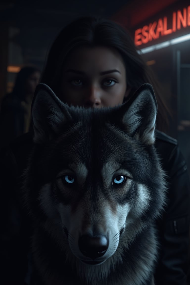 This is a minimalist movie scene with a majestic husky wolf in the foreground with piercing blue eyes. The black and white fur of the wolf contrasts with the dimly lit background. Place a frontal shot of a young woman behind the wolf, with as little detail as possible, but with strong and intense eyes. The background should be a simple blend of dark silhouettes and shadows, creating a sense of depth and mystery with clean lines and reduced detail. The copper neon nameplate in the upper right of the image reads "ESKALINE".32KUHD