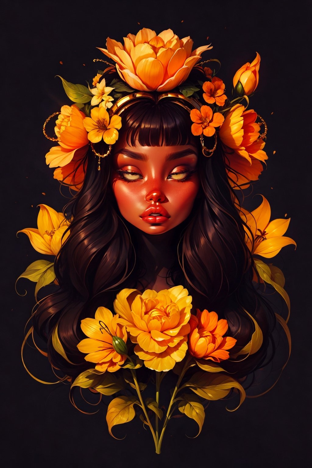 score_9, score_8_up, score_7_up,  beautiful flower, black background, glowing golden petals, extravagant hat    expressiveh,art style
