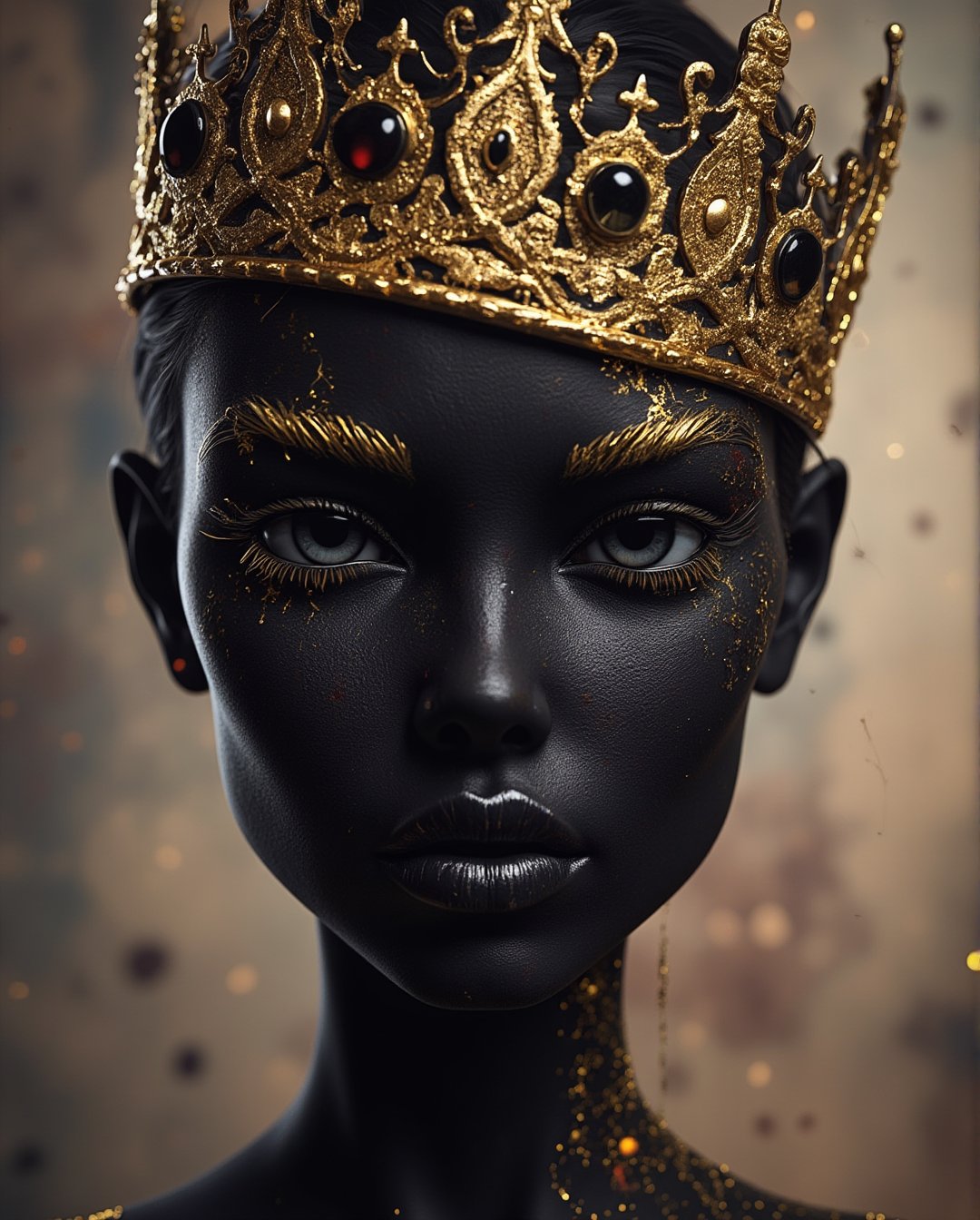 Punk girl in modern art style, face in black soot, gold crown, with black eyes, gold mascara streaming down her face