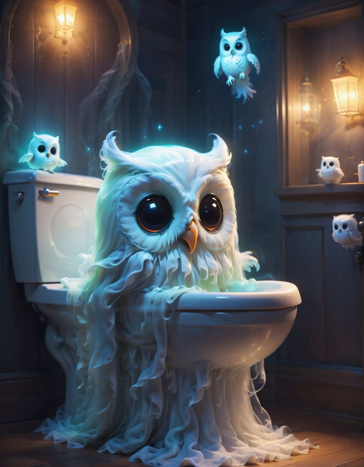 Digital image of an adorable ghost glowing inside, toilet, (owl:1.3), Halloween, high quality, masterpiece, 8k, super cute, (flying ghosts:1.1)