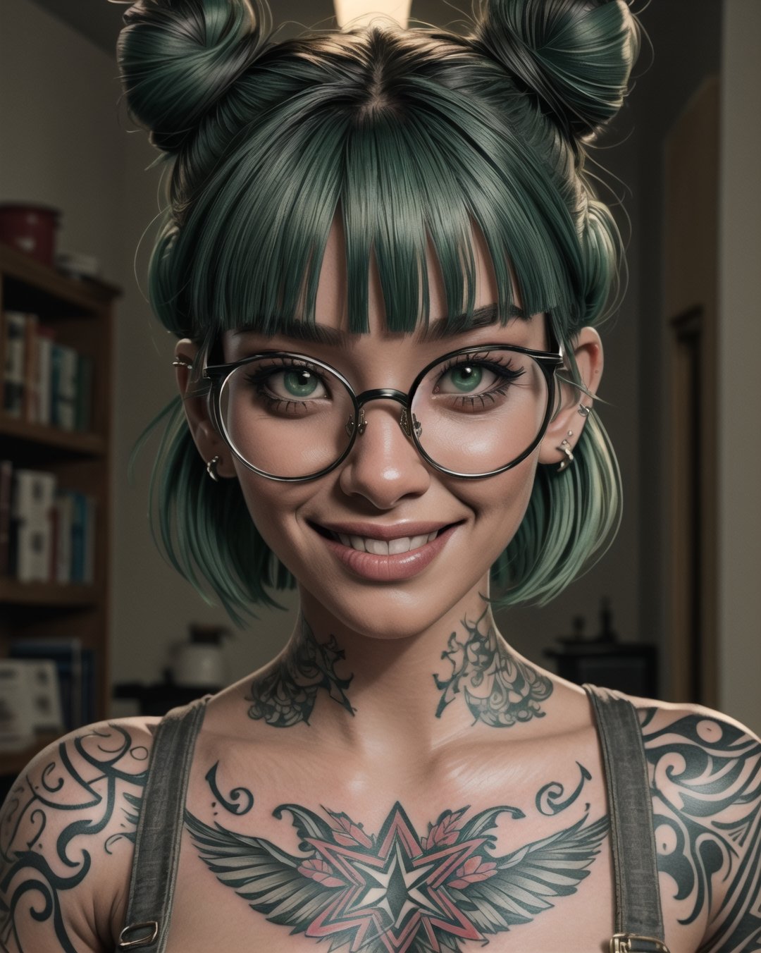 highres, masterpiece, perfect lighting, bloom, cinematic lighting, adult, female, looking at viewer, cowboy shot, (RSEEmma:1.5), blunt bangs, black hair:green hair, twin buns, glasses, punk, jean shorts, (piercings, tattoo), full lips, :), smile,    , ,3DMM