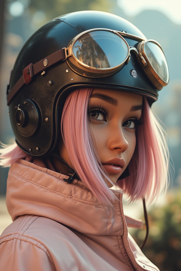 cinematic photo of a young female, wearing a vintage motorcycle helmet with aviator googles and a pastel pink jacket, bob cut hair dyed in soft pink, looking to the side, retro, indie fashion, 70s aesthetic, modern streetwear, pastel tones, natural lighting, slightly overexposed, gentle warm glow, soft blurred background, soft lighting, 50mm lens, (masterpiece, best quality, ultra detailed:1.3), detailed photograpgh