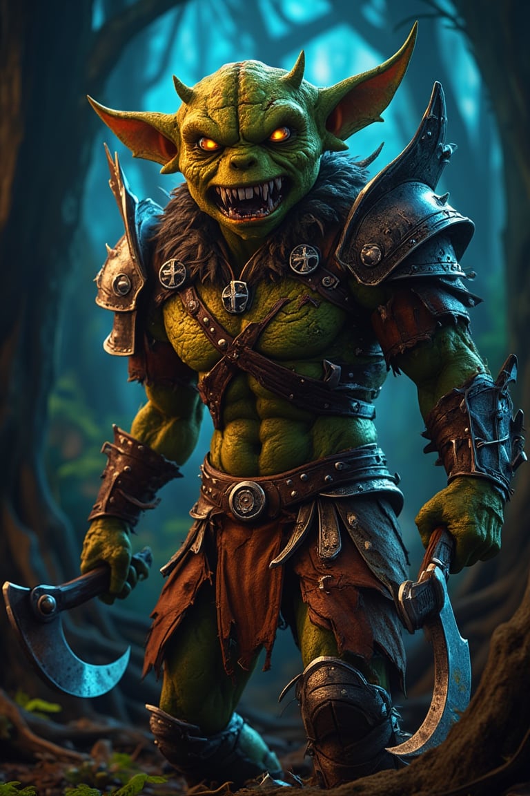 cartoon Evil creature vegetable medieval warrior, with bright eyes and a menacing expression, holding two double-edged axes. The creature is dressed in torn leather armor with metal elements. The head has cracks and looks worn in battle. Full body, background is a scary forest. Dark fantasy style, medieval era with mythological influences. High detail, sharp textures on the armor, axes and angry face of the creature. Aggressive and hostile mood