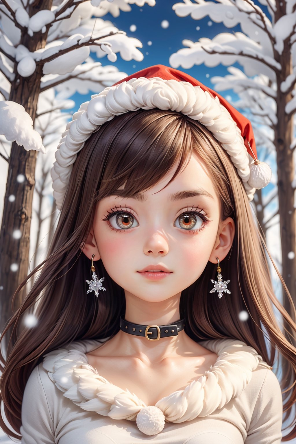 (masterpiece, best quality), winter, snowflakes, Christmas, earrings, jeans, belt, , upper body, face focus, perfect face,..,Christmas