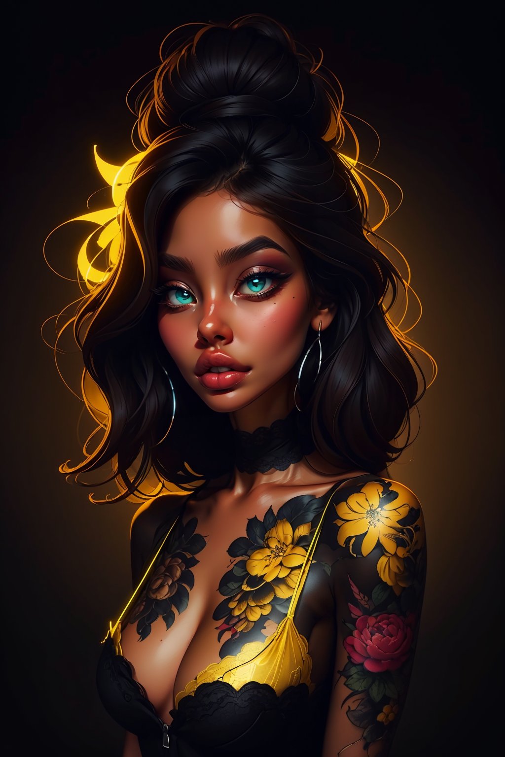 1girl, black hair, tattoo  on the body, lips black , (background  yellow:1.5) , ultra detail, unreal, ,NeonST2