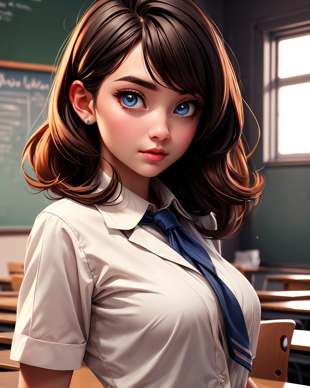 woman wearing teacher suit in classroom dramatic lighting, upper body, facing viewer, beautiful woman medium hair, ,perfect eyes, facing viewer,