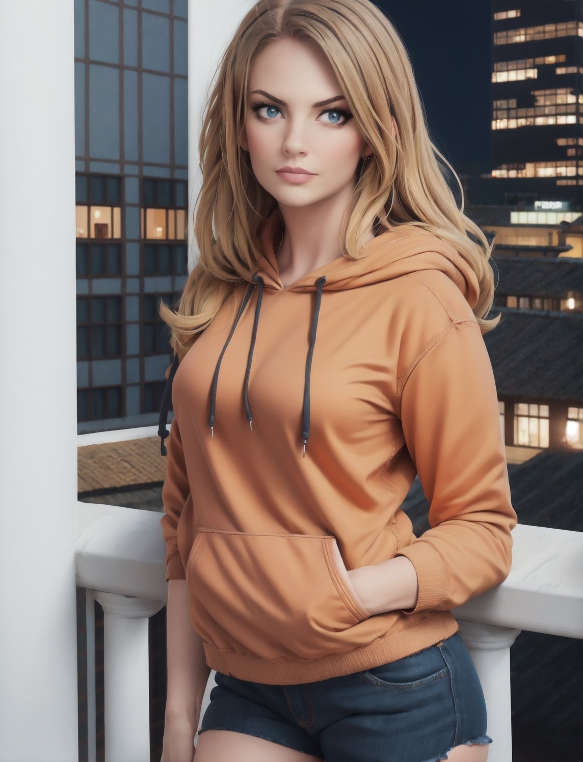 blonde girl, orange, black hoodie, dark short, on a balcony by night, 8K, high quality, photorealistic, realism, hyperrealism, art photography 