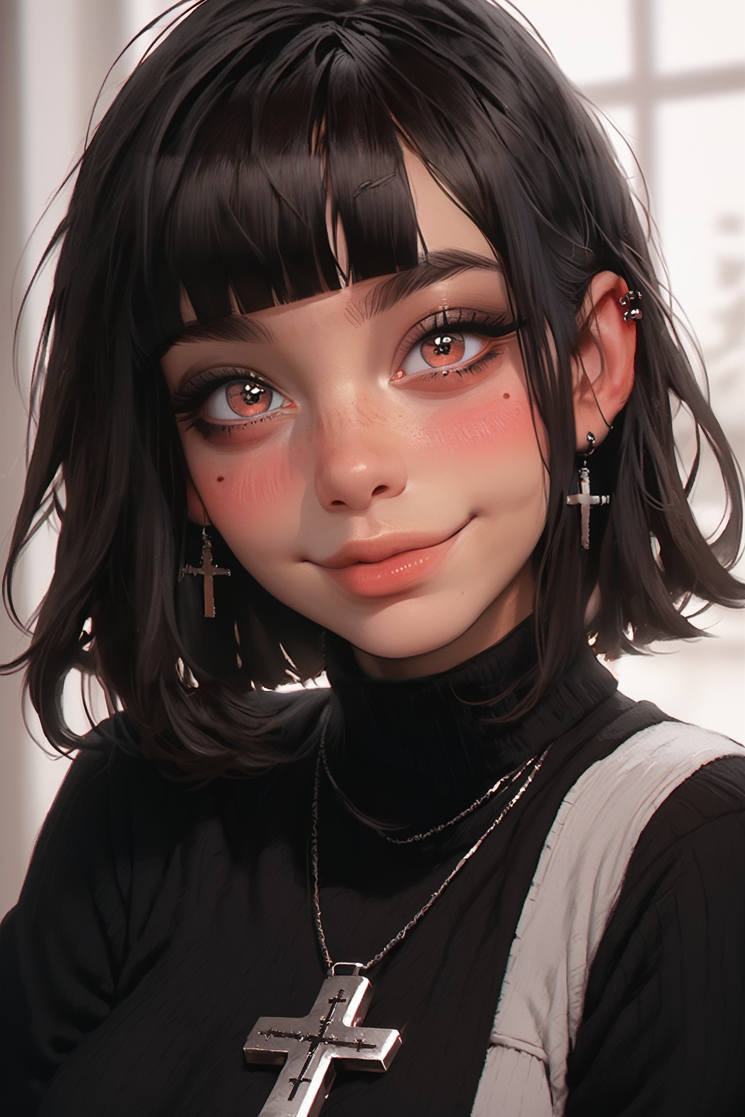 score_9, score_8_up, score_7_up, score_6_up, realistic, 1girl, cute perfect face, round face, blushing goth girl, (black hair with white stripe), bangs, tan skin, hazel eyes, (cross eyed), freckles, blush, pouty lips, smiling with a gap, tan skin, big breasts, perfect breasts,g0thicPXL