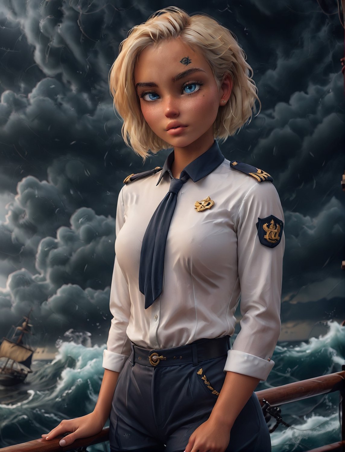 best quality, masterpiece, photorealistic, ultrarealistic, professional photograph shot on Canon EOS R6, 80mm, 1girl, (moody lighting:0.8),  (beautiful 24 yo swedish girl:1.05), admiral, standing on a ship deck, sailing the seas, solo, detailed eyes, sad face, beautiful, looking at viewer, embarrassed, water, confident pose, stormy sea, storm, wind, (dark theme:1.15), large breasts, perfect curves BREAK (short blonde hair, laced hair:1.2) BREAK white parade pants, blue admiral uniform, blue parade uniform, admiral hat   