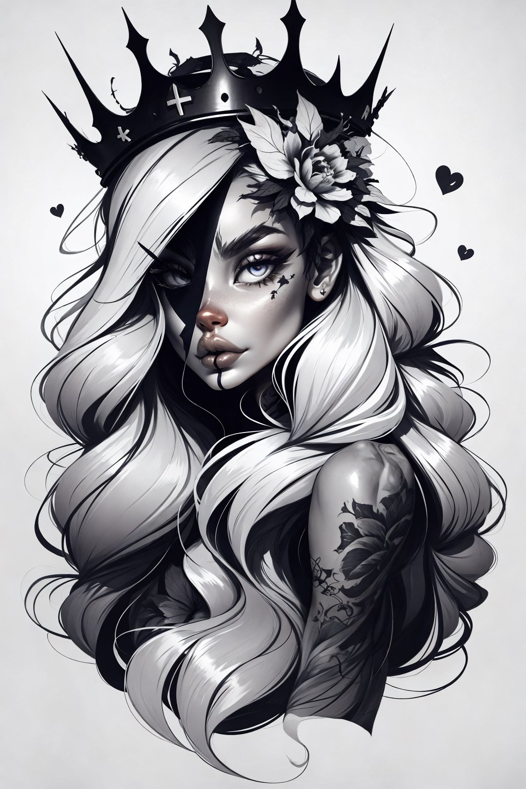 th1ckan1m3, Fr3ckles,caligraphic background , long  hair,th1ckan1m3, evil, Crown of thorns, sketch tattoo
