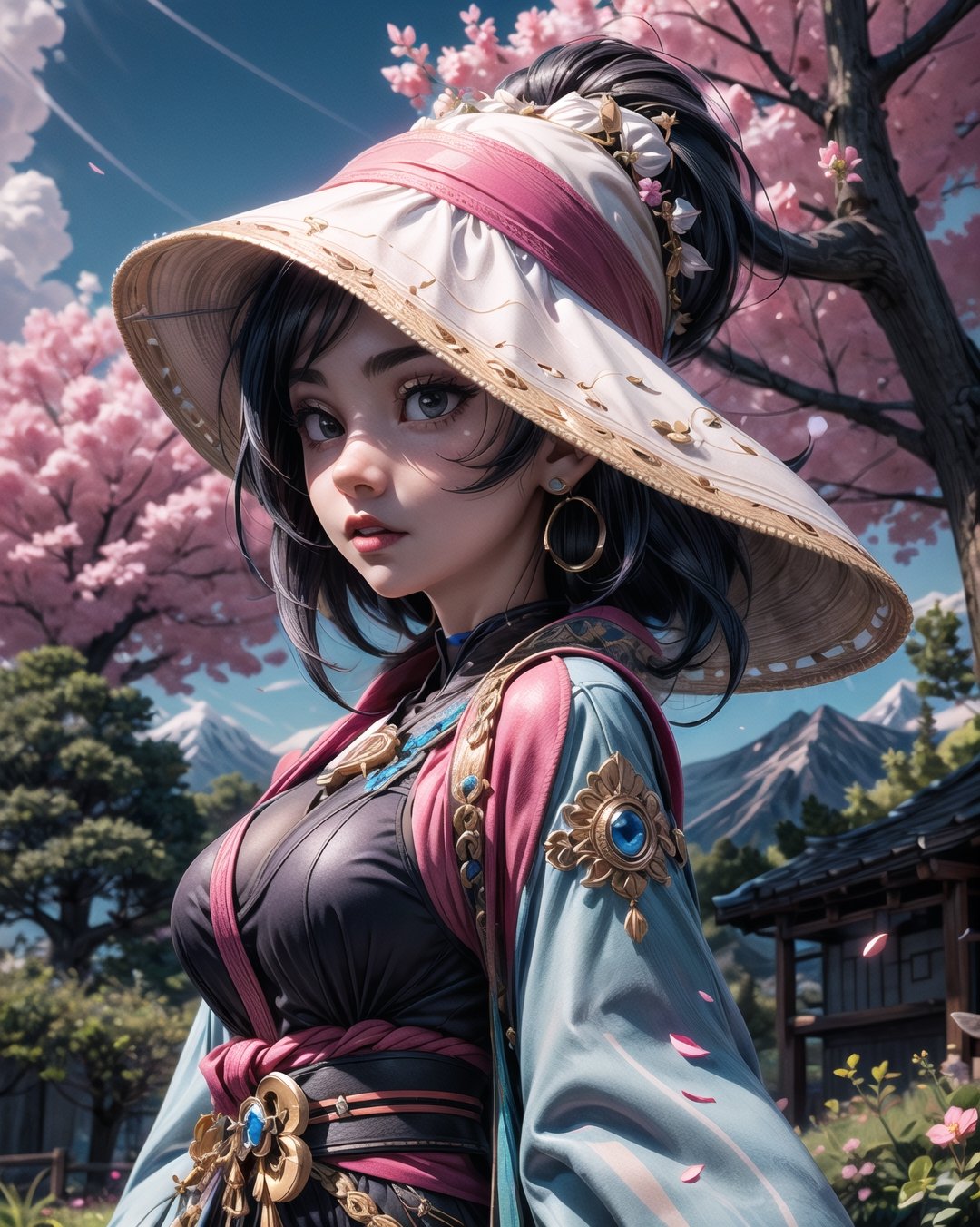 (absurdres,official art,unity 8k wallpaper,ultra detailed,High quality,best quality),(best quality, masterpiece),(1girl, miko, coat, expression face, black eyes, looking at front ,black hair, walking, upper body), (night strray sky, huge old tree behind, falling glowing pink petals behind, shrine behind, mountain background, blowing wind, meteoric cloud),fantchar,3DMM,High detailed 