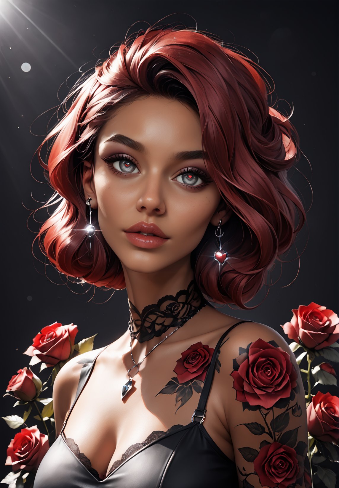 gothic, 1girl, roses, tattoo, surrounded by many black heart clouds, romantic, dark sky (best quality), (masterpiece), (best lighting), (high detailed skin:1.0),( detailed eyes), 8k uhd, dslr, soft lighting, best quality, film grain, Fujifilm XT3,