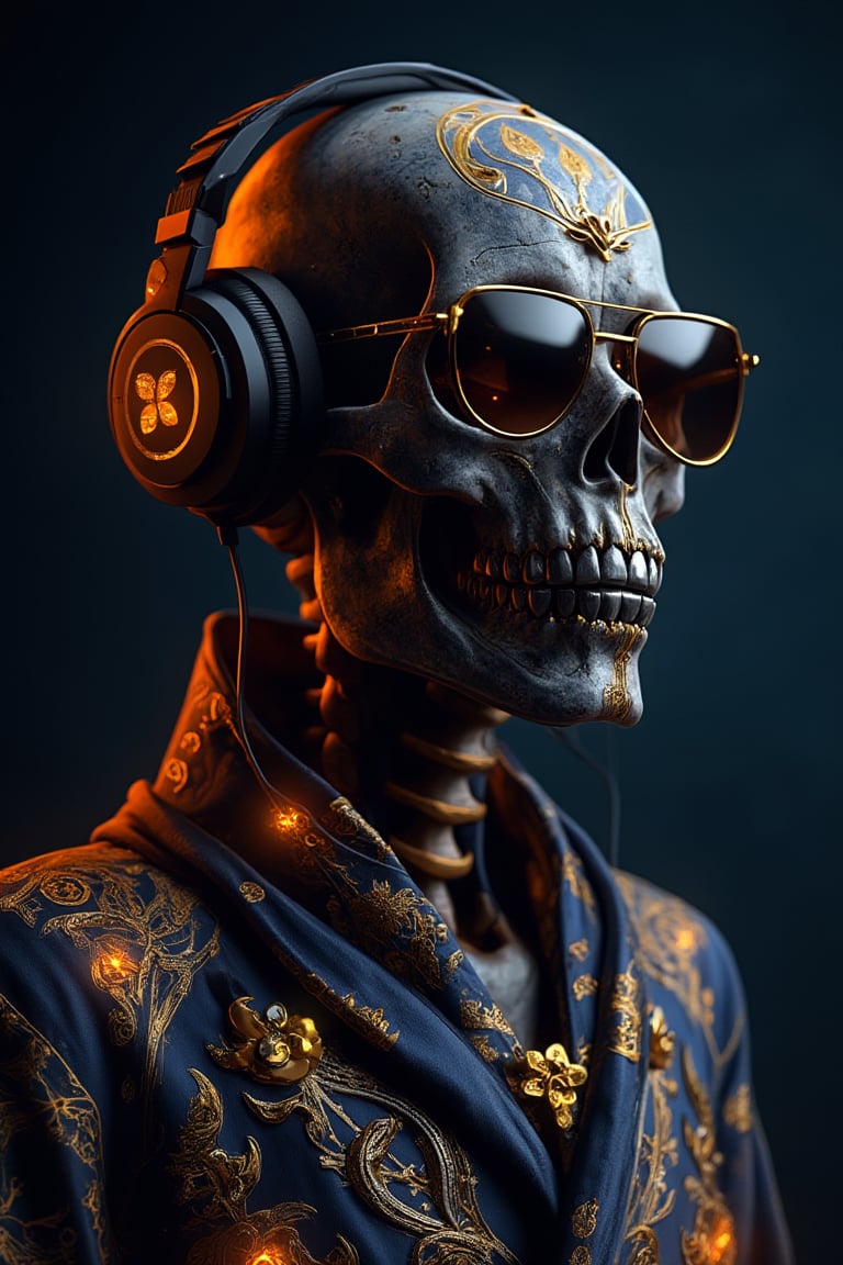 dark dreyfus skeleton yolo, wearing robes and headphones and sunglasses, wearing golden jewelry, intricate detail, luminous shadows, prismatic highlights