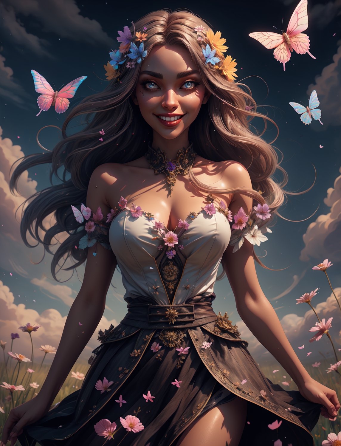 , fantasy, 1girl, (colorful),(detailed beautiful eyes and detailed face),cinematic lighting,bust shot, long hair,solo,smile,intricate skirt,((flying petal)),(Flowery meadow) sky, building, moonlight,, fantasy,fantchar, butterflies 