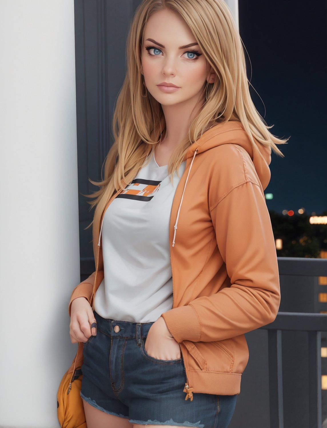 blonde girl, orange, black hoodie, dark short, on a balcony by night, 8K, high quality, photorealistic, realism, hyperrealism, art photography 