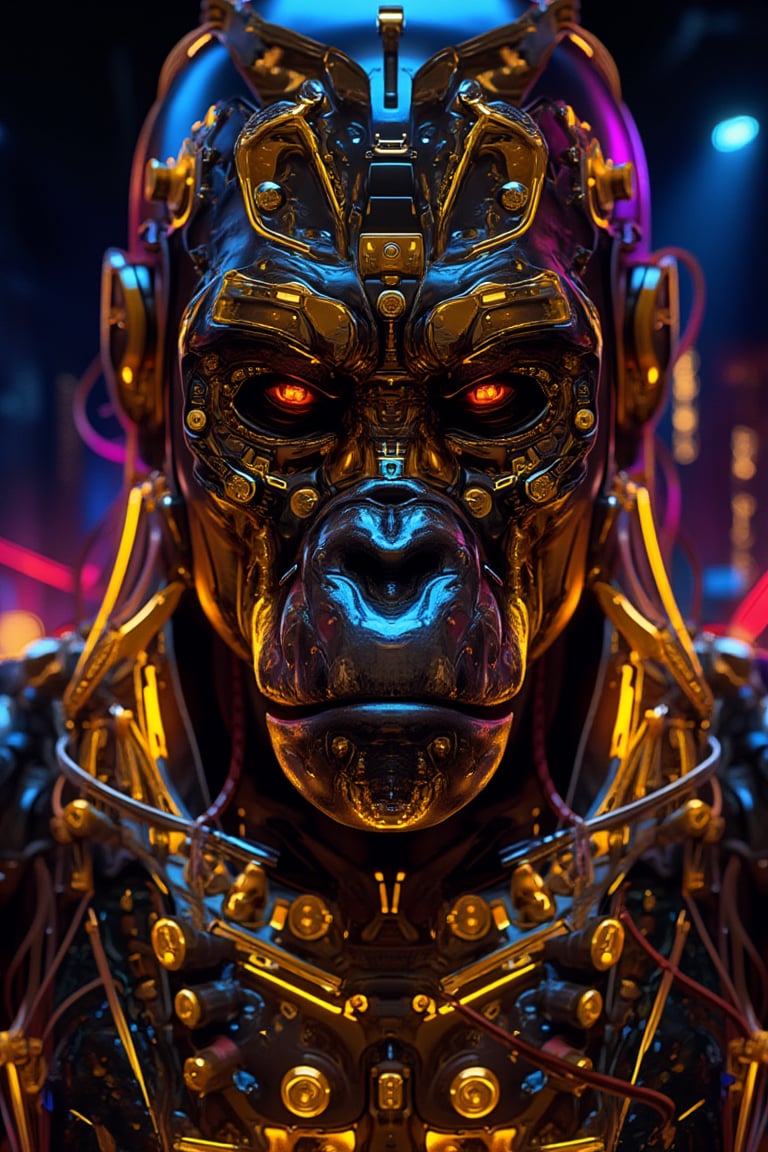 Biomechanical gorilla, golden ratio, neon futuristic, glowing circuitry, hyper maximalist, ornate, luxury, elite, ominous, photorealistic ultra-detailed 4k resolution, unreal engine render, cinematic, Diffraction Grading, Ray Tracing, reflective gold parts, screws and cables, hyper maximalist, ornate, luxury, elite, ominous, photorealistic ultra-detailed 4k resolution, unreal engine render, cinematic, Diffraction Grading, Ray Tracing, cybernetic, neon tubes with wires, golden ratio, hyper maximalist, ornate, luxury photorealistic, 8k resolution cinematic composition Rendered in Octane hyperrealistic