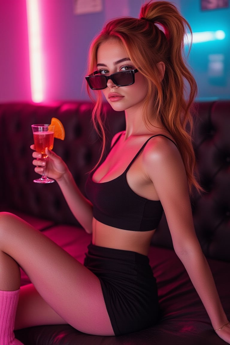  portrait of girl sitting in nightclub holding cocktail, nightclub, big hips, neon light, microskirt, black skirt, pink legwear, no top, tank shirt, crop top, navel, piercing, makeup, eyeliner, pink lips, ginger hair, long hair, ponytail, orange eyes, sunglasses, relaxing, serious, looking to the viewer, eye contact, medium breasts, (pointy breasts:0.8),    ,  c0l0urgl0w, glowing,      retrowave,