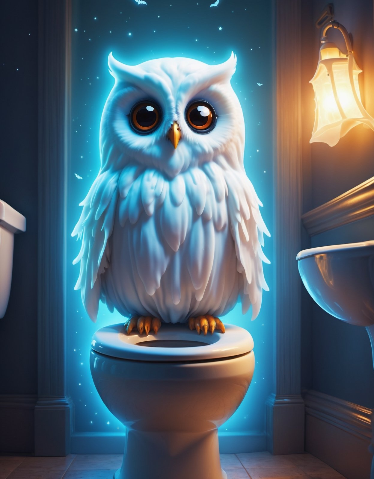 Digital image of an adorable ghost glowing inside, toilet, owl, Halloween, high quality, masterpiece, 8k, super cute, flying ghosts 
