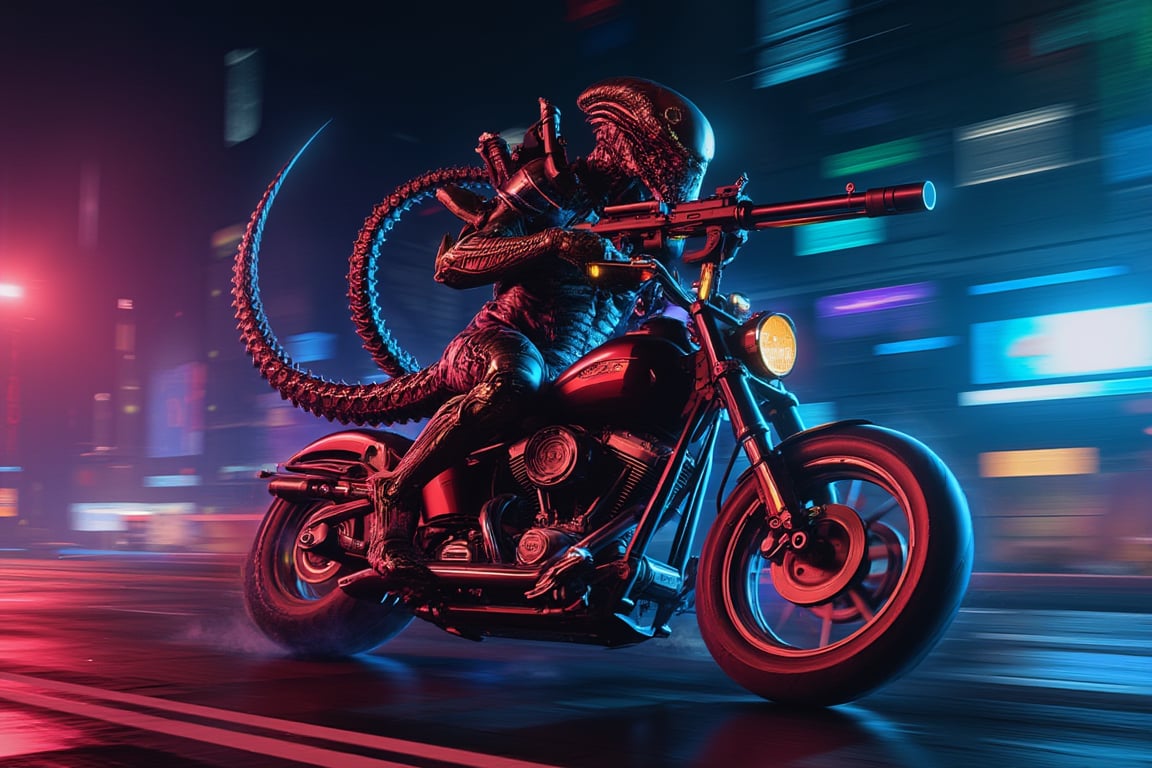 xenomorph riding a Harley Davidson motorcycle holding an rpg, xeno choppa gang, luminous shadows, prismatic highlights