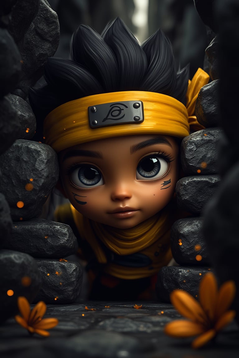 An eye-catching phone wallpaper featuring the ninja character with large, expressive eyes and cartoonish features, peeking out from behind black stone walls. The background should be dark gray to contrast beautifully against the bright yellow skin tones of his headband and . Include small details like glowing orange blossoms or scattered pebbles for depth. Ensure that the overall design is visually appealing and suitable as your smartphone's new cover photo.