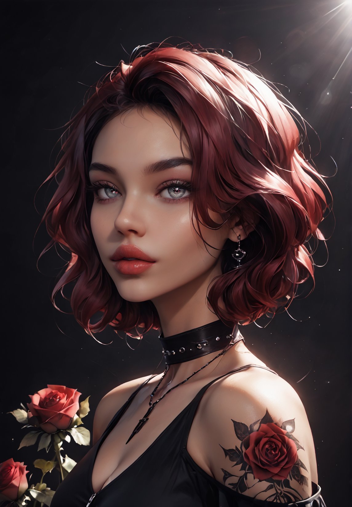 gothic, 1girl, roses, tattoo, surrounded by many black heart clouds, romantic, dark sky (best quality), (masterpiece), (best lighting), (high detailed skin:1.0),( detailed eyes), 8k uhd, dslr, soft lighting, best quality, film grain, Fujifilm XT3,