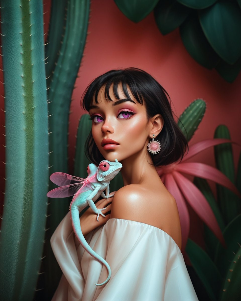 a portrait of a beautiful girl with a pet chameleon sitting on her shoulder. the chameleon has cute pink dragonfly wings. The girl has dark bob hairstyle and wearing huge white earrings. She wearing a white silk dress with open shoulders. Huge pink cactus are in background. Surreal photo shoot for a magazine cover