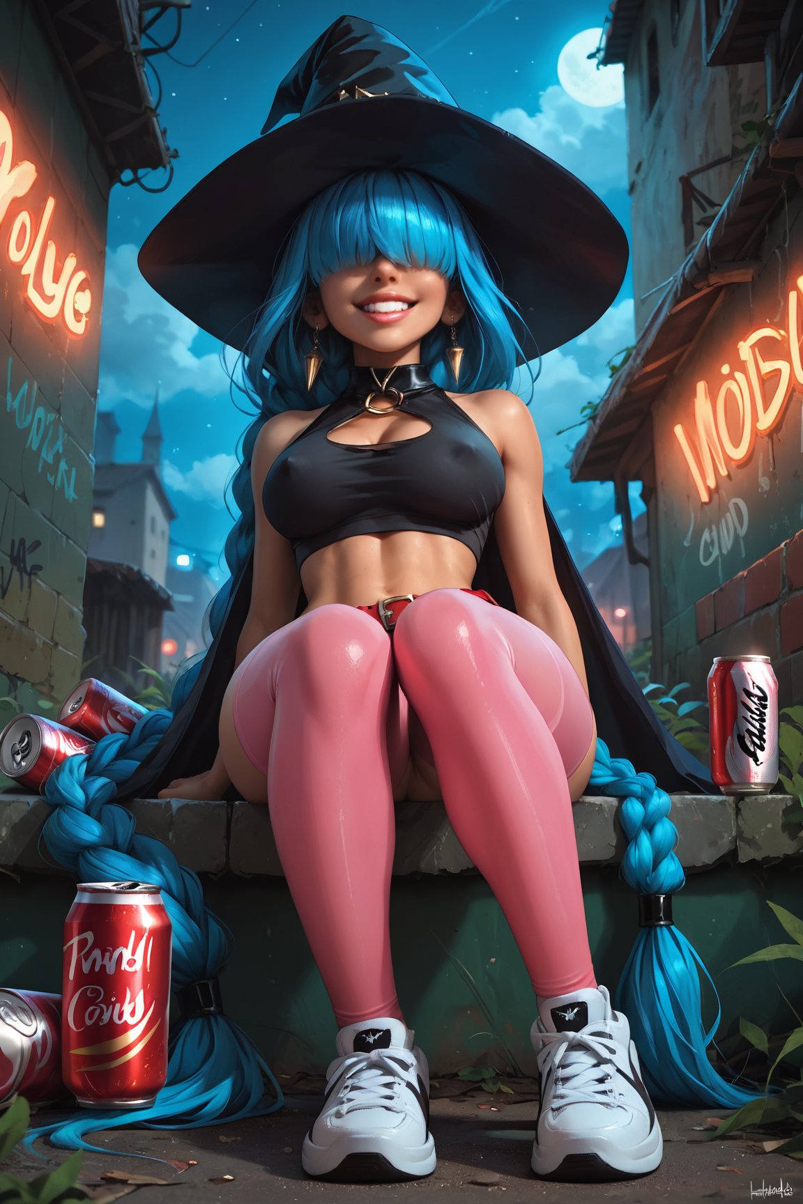 score_9, score_8_up, score_7_up, score_6_up, pacific blue hair, (hair over eyes:1.3), (single very long big braid:1.75), (big lips:0.8), black crop top, red belt, ripped denim shorts, cape, wizard hat, large hat, goblin, green skin, large breasts, outdoors, graffiti wall, neon lights, glowing, night, grin, smug, naughty face, detailed, wizard, (close up:1.2), g0thicPXL, (shortstack:0.7), from below,skinny, black sneakers, pink tights, sitting, nipple peek, sexy legs, soda can at her side, soda cans on ground