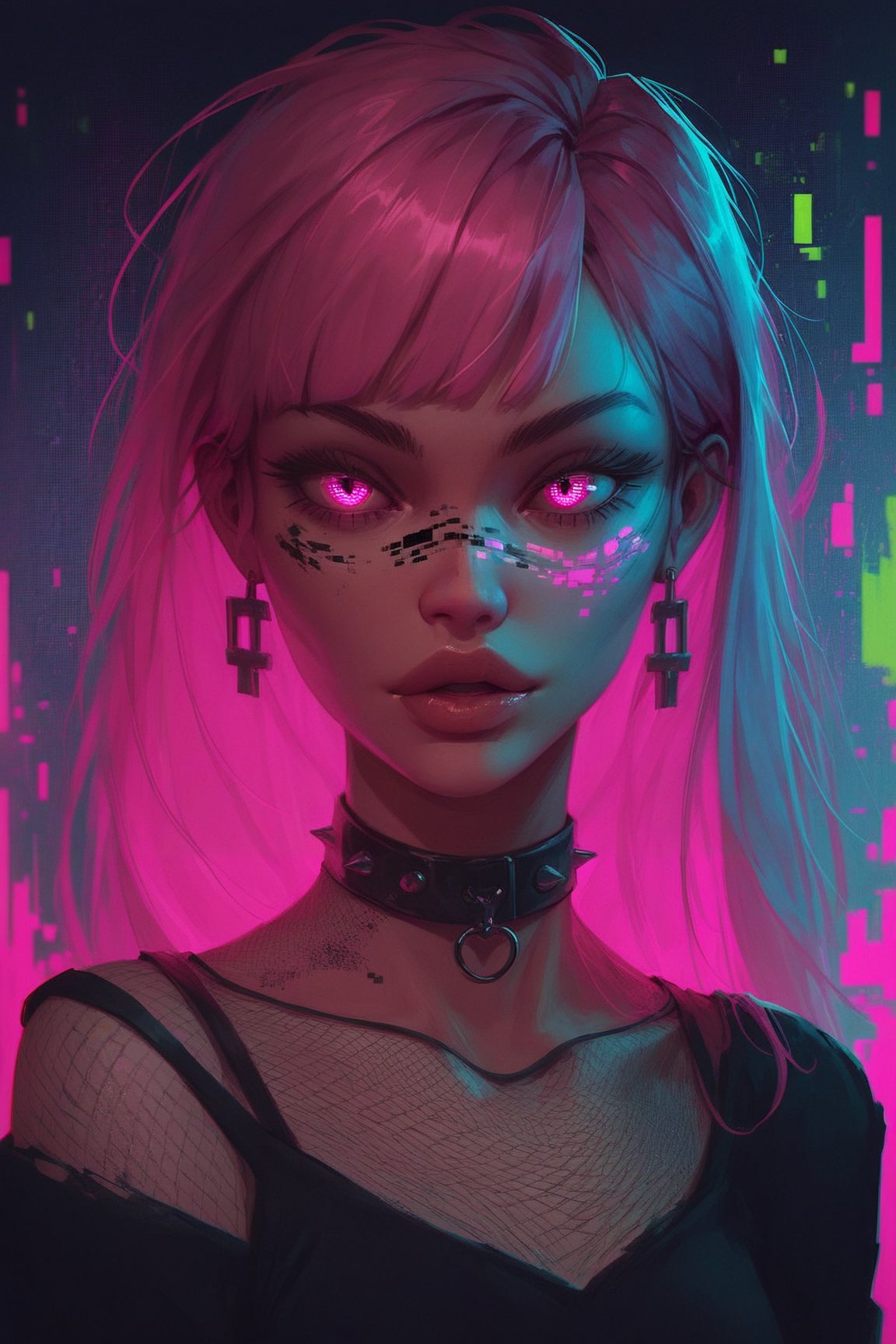 score_9. score_8_up, score_7_up, score_6_up, score_5_up, score_4_up, 1girl, pink hair, curvy, gothic, g0th1cPXL, glowing, neon, fishnets, (glitch:1.2), portrait, ,score_9