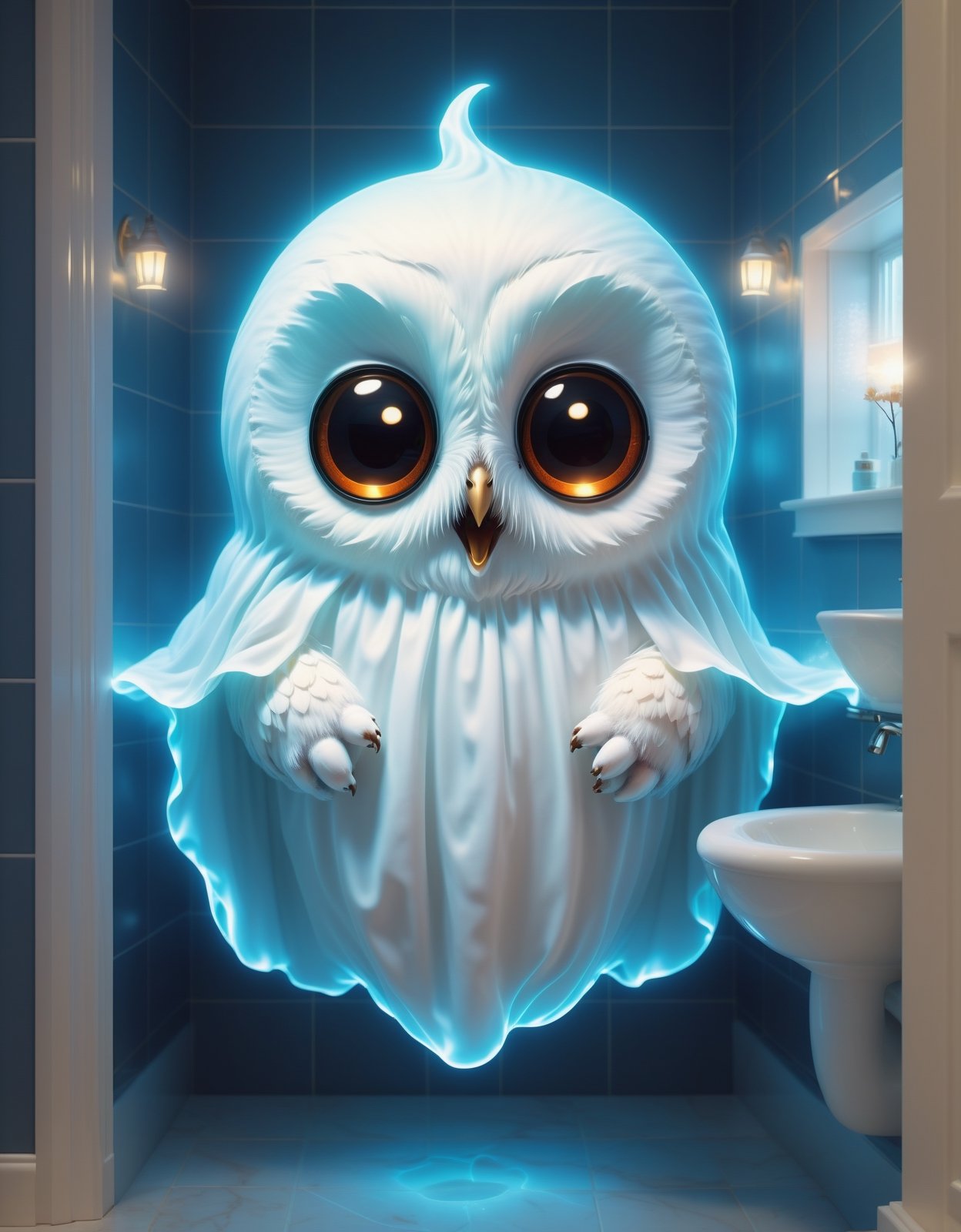 Digital image of an adorable ghost glowing inside, bathroom , owl, Halloween, high quality, masterpiece, 8k, super cute,