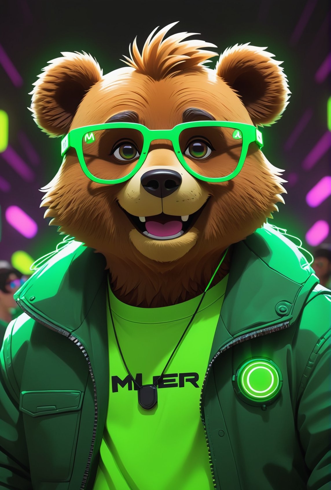 cyberpunk, line art, cartoon style, a mr.bears , disney cartoon network, green glasses, smile, at a rave party, neon, cartoon network character, comic painting, bold lines,  